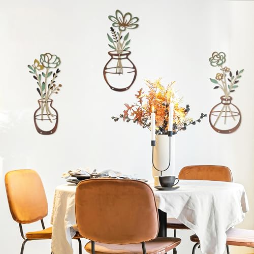 Mcdagogn 3 Pieces Metal Flowers Wall Decor - Rustic Farmhouse Wall Arts, Boho floral Minimalist Wall Decor for Living room Bathroom Bedroom laundry Room Kitchen Office - Housewarming Gifts - color: Brown-Green