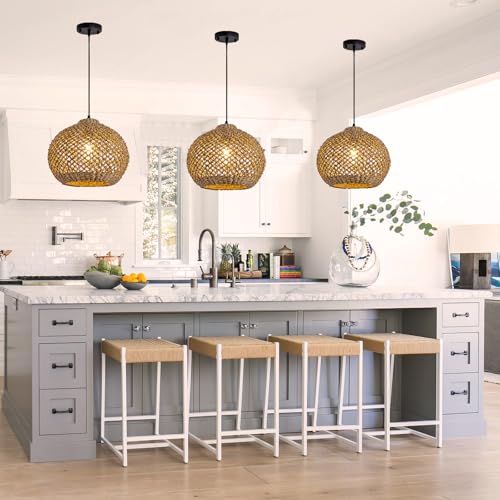 Farmhouse Rattan Pendant Lights 13.8" Wicker Hand-Woven Wicker Chandelier 1-Light Coastal Seagrass Hanging Light Fixture for Kitchen Island Bedroom Dining Room Hallway Entry Bar Restaurant - color: Coffee-A
