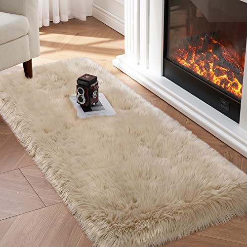 Faux Fur Rug, Beige Small Fluffy Rug for Sofa Chair Couch Cover 2x4 Feet, Ultra Soft Fuzzy Shag Rug for Bedroom, Indoor Shaggy Plush Floor Carpets Luxury Home Decor for Bedside - color: Beige, size: 4' x 2' (Rectangular)