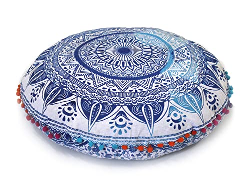 Round Mandala Floor Pillow Cover Seating Cushion Throw Cover Hippie Decorative Bohemian Ottoman Pouf Cover, Pom Pom Pillow Cases,Boho Indian 22 Inches (White and Blue) - color: White and Blue