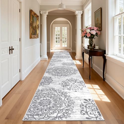 HEBE Hallway Runner Rug 3'x18' Washable Vintage Distressed Area Rugs Non Slip Laundry Rug Runner Boho Floor Carpet Runners for Hallways Entryway Laundry Room Kitchen Bathroom - color: Grey, size: 3' x 18' (Rectangular)