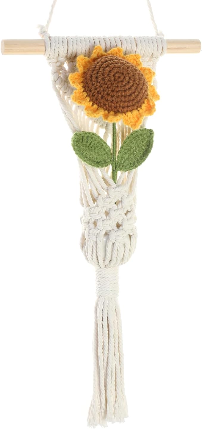 Bohemian Macramé Wall Art with Hand-Crocheted Sunflower, Cotton Rope Tapestry Decor with Tassels, Pre-Assembled Boho Wall Decor for Apartment Nursery Dorm, Unique Gift for Her (Sunflower 1pcs)