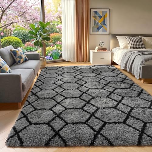 ONASAR Area Rugs for Bedroom Living Room, Fluffy 4x6 Grey and Black Bedside Rug for Nursery Kids Teen Dorm, Soft Shaggy Geometric Plush Fuzzy Indoor Floor Carpet for Home Decor Aesthetic - color: 1- Grey / Black, size: 4' x 6' (Rectangular)