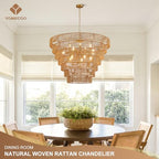 39.4" Large Rattan Chandelier 15-Lights Farmhouse Boho Woven Bamboo Chandelier Rustic Drum Wicker Rattan Golden Chandeliers for Dining Room, Kitchen, Living Room, Entryway, E12 - color: Gold 39IN