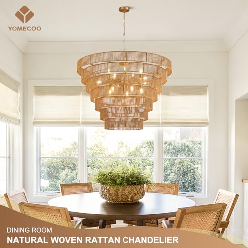 39.4" Large Rattan Chandelier 15-Lights Farmhouse Boho Woven Bamboo Chandelier Rustic Drum Wicker Rattan Golden Chandeliers for Dining Room, Kitchen, Living Room, Entryway, E12 - color: Gold 39IN