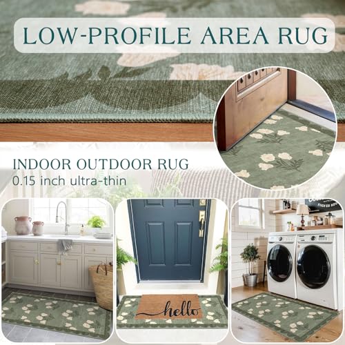 Front Door Mat Indoor Entrance - 2x4.3 Ft Floral Washable Layered Doormat Outdoor Entrance Porch Rug Non-Slip Sage Green Boho Runner Rug for Kitchen Hallway Bedroom Laundry Room Porch Decor - color: Flower - Green, size: 2' x 4'3" (Rectangular)