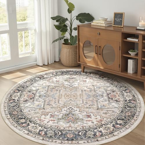 Area Rug for Living Room - 5x5 Large Soft Washable Oriental Vintage Floral Carpet Safe for Babies & Pets - Fade Stain Resistant Non Slip Rugs for Bedroom Dining Room Nursery Dorm Office Home Decor - color: Multi Color, size: 5' x 5' (Round)
