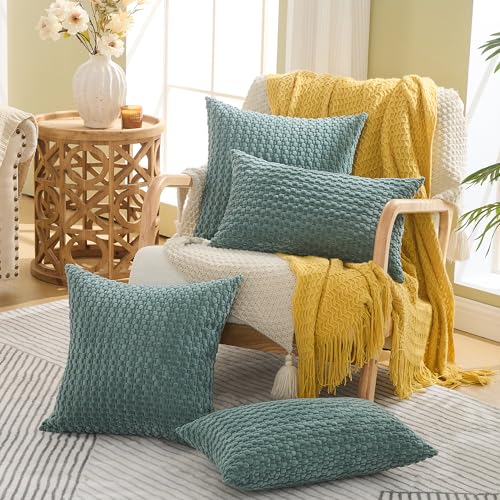 GAWAMAY Decorative Throw Pillow Covers 24x24 Inch Set of 2 for Living Room Couch Bed Sofa, Farmhouse Square Cushion Cover Soft Striped Corduroy Pillow Cases Boho Accent Home Decor (60x60cm) Blue Green - color: Blue Green, size: 24" x 24" (Pack of 2)