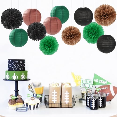 Football Party-Decorations Paper-Flowers - 15pcs Green Brown Black Tissue Pom Poms Lanterns Streamers,Birthday Baby Shower Bachelorette Hanging Supplies Decor Hugfond - color: Brown Green Black