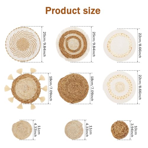 KOUISYY 9PCS Boho Wall Basket Decor, Hanging Rustic Woven Basket Wall Decor, Handmade Wicker Wall Decor Bohemian Round Wall Art, Decorative Seagrass Basket Rattan Wall Hanging for Bedroom Dining Table