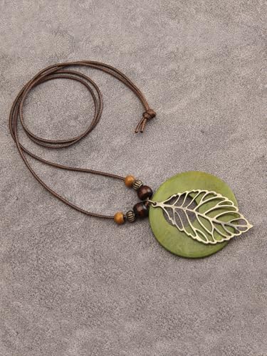 Leather Necklace for Women Long Boho Pendant Hippie Choker Necklace Bohemian Layered Leather Rope Wooden Jewelry Gifts - style: Leather Leaf Necklace