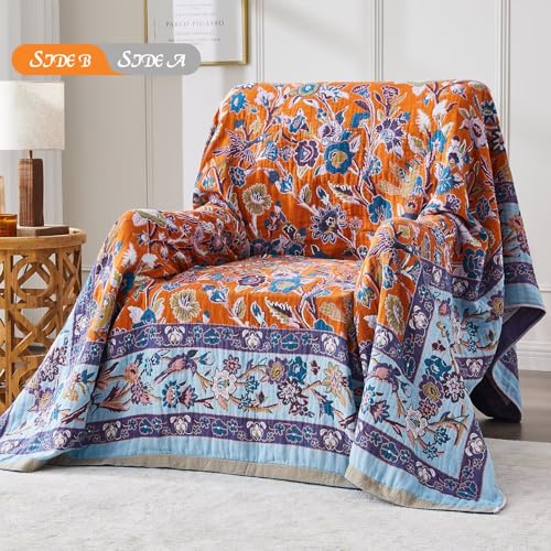Boho Blanket Soft Muslin BohoThrow Blanket, 100% Cotton Floral Printed Farmhouse Decor All Season Reversible Rustic Throw for Sofa Couch Chair (Light Purple, 50"x60") - color: Light Purple, size: 50"x60"
