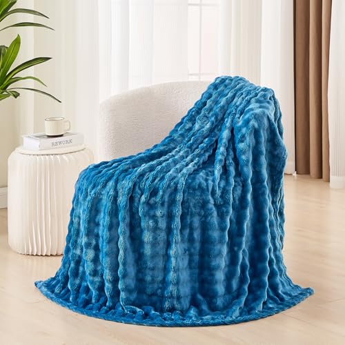 3D Bubble Plush Blanket Textured Fleece Throw Soft Warm Cozy Blanket Couch Bed Throw Blue 50x60 Inches - color: Nautical Blue, size: Throw(50"x60"）
