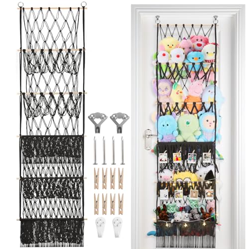 5 Tier Stuffed Animal Storage Shelf Net, 17x61 Inch Large Plushie Net w/LED Light & Clips for Mini Medium Stuffy Teddy, Black Boho Macrame Wall Toy Holder Display for Nursery Kids Girls Boys - color: Black, size: Large-5 Tier-17x61 Inch