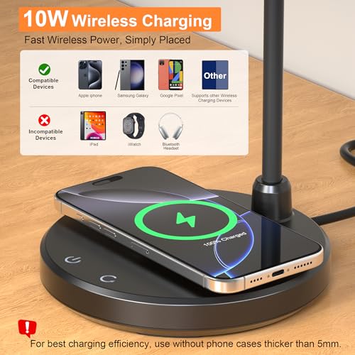 Desk Lamps for Home Office - LED Desk Lamp with Wireless Charger, 3 Color Modes Dimmable Eye-Caring Study Reading Desk Light, Small Flexible Arm Table Lamp for College Dorm Room Bedside, Black - color: Black