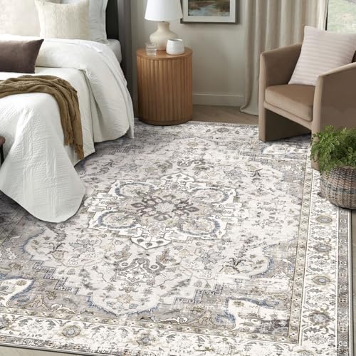 LUXRUG 6x9 Area Rug for Living Room - Large Oriental Washable Rugs for Bedroom Non-Slip Cream Stain Resistant Dining Room Rug Farmhouse Low-Pile Carpet Soft Vintage Rug for Office Guest Room - color: Cream / Blue, size: 6' x 9' (Rectangular)