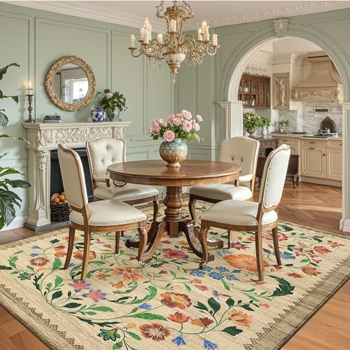 GarveeHome Washable Rug 4x6 Area Rugs for Living Room, Floral Rug for Bedroom, Soft Boho Non Slip Throw Rugs with Rubber Back, Low Pile Stain Resistant Vintage Floral Carpet for Dining Room, Beige - color: C Brown, size: 4' x 6' (Rectangular)