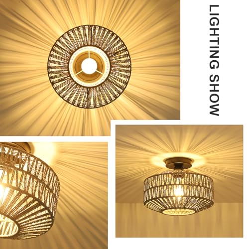 Boho Light Fixtures Ceiling Mount，Rattan Ceiling Light Fixture with Dimmable LED Bulb，Mini Hand Woven Chandelier Light Fixtures Ceilingfor Hallway Bedroom Kitchen Entryway Living Room（Grey） - color: Gray