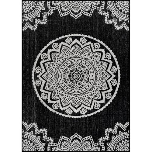 CAMILSON Outdoor Rug 10x14 Modern Large Area Rugs for Indoor and Outdoor Patios and Porches - Washable Non-Shedding Easy-to-Clean Outside Carpet (10 x 14 Medallion - Black/White) - color: Medallion - Black / White, size: 10' x 14' (Rectangular)
