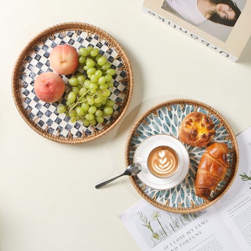 Round Rattan Tray with Mother of Pearl Inlay, Decorative Wicker Serving Tray with Wooden Base, Woven Basket Trays for Bread Fruits Coffee, Checkered - color: Checkered