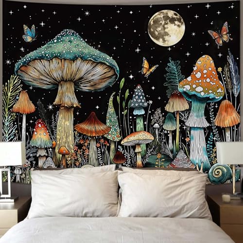 Accnicc Vintage Mushroom Tapestry Hippie Plant Butterfly Wall Tapestry for Bedroom Aesthetic Fantasy Moon Starry Night Snail Small Tapestries Wall Hanging for Dorm Living Room Decor 48 × 36 Inch - color: Black Blue, size: 48"L x 36"W