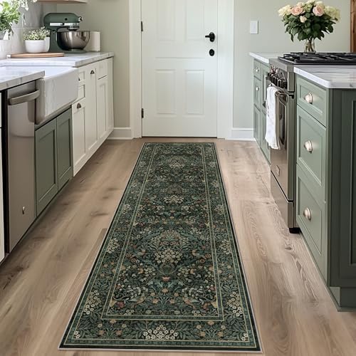 2x6 Floral Washable Area Rug Soft Runner Rugs for Living Room, Vintage Boho Hallway Rug for Bedroom Dining Room, Distressed Botanical Birds Non Slip Low Pile Animal Throw Carpet for Office, Dark Green - color: Dark Green, size: 2' x 6' (Runner)