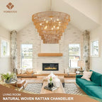 39.4" Large Rattan Chandelier 15-Lights Farmhouse Boho Woven Bamboo Chandelier Rustic Drum Wicker Rattan Golden Chandeliers for Dining Room, Kitchen, Living Room, Entryway, E12 - color: Gold 39IN