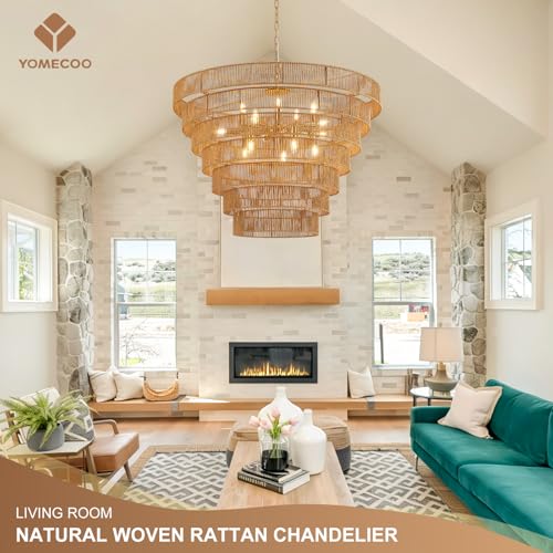 39.4" Large Rattan Chandelier 15-Lights Farmhouse Boho Woven Bamboo Chandelier Rustic Drum Wicker Rattan Golden Chandeliers for Dining Room, Kitchen, Living Room, Entryway, E12 - color: Gold 39IN