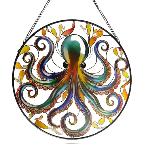 Octopus Stained Glass Window Hanging, 9.8’’ Sun Catcher Glass Panel Ocean Theme Wall Art Decor with Chain, Birthday Gift for Sons, Daughters, Grandson - color: Octopus