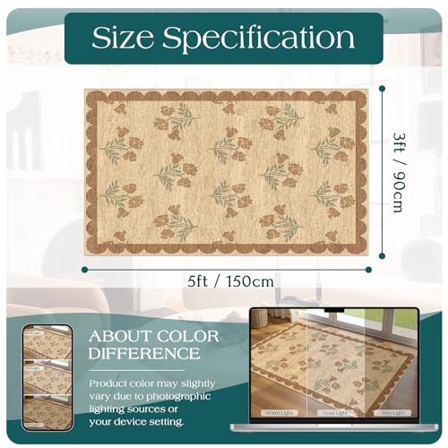 3x5 Floral Entry Rug - Small Washable Indoor Outdoor Mats for Front Door Non-Slip Jute-Look Porch Rug Boho Tan Scalloped Throw Rugs for Living Room Bedroom Entryway Kitchen Office Porch Decor - color: Flower - Wheat/Tan/Sage, size: 3' x 5' (Rectangular)