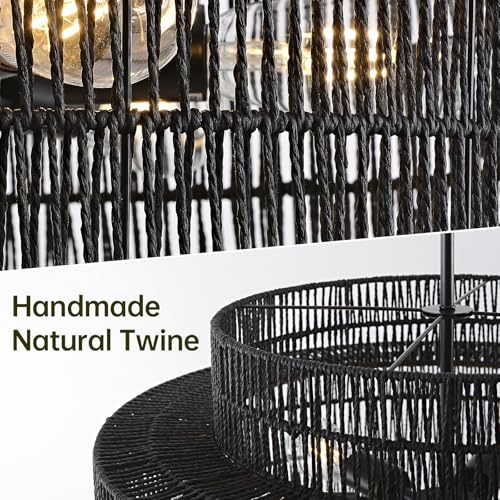 4-Light Black Boho Rattan Chandelier Light Fixture, 17.7” Hand Woven Rustic Chandeliers Farmhouse Chandelier Hanging Light for Dining Room Kitchen Island, Living Room, Foyer - color: Black, size: 17.7" 4-Light