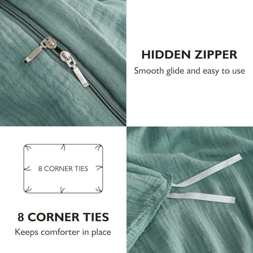EMME Muslin Cotton Duvet Cover Set Teal King Size Linen Like Soft Breathable Lightweight Summer Comforter Cover Set with Zipper Closure (Teal, King, 104"x90") - color: 03 - Teal, size: King(104"×90")