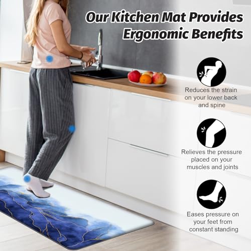MAYHMYO Anti Fatigue Kitchen Mat - Set of 2 - Blue and Gold Design Comfort Mats - Cushioned, Non Slip Floor Mat - color: Blue and Gold, size: 29"L X 17.3"W X 0.4"Th + 47"L X 17.3"W X 0.4"Th