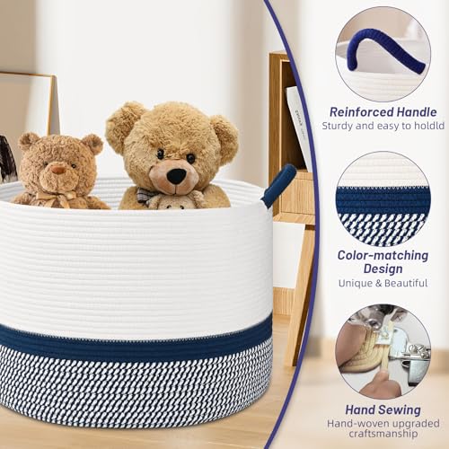 67L Large Blanket Basket, 20"x13" Blanket Basket Living Room, Woven Baskets With Handle, Toy Baskets for Blankets, Nursery, Dog, Pillow, Gift (White & Navy Blue) - color: White & Navy Blue, size: 67L