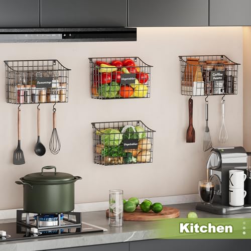 Wall Basket with Label Plate & 5 S-Hooks –4 Pack Hanging Wire Basket for Organizing, Wall Storage for Kitchen, Bathroom, Pantry, Laundry, RV – Hanging Wall Basket, Metal - size: 4 Pack