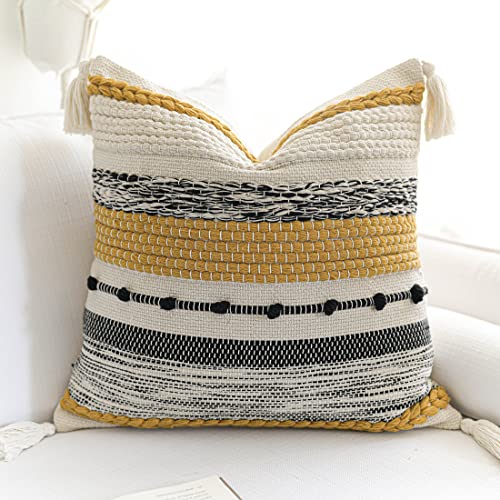 BlissBlush Yellow Mustard Decorative Throw Pillow Cover 20x20 Square Boho Accent Pillowcase Tassels Farmhouse Cushion for Couch Sofa Bedroom Living Room Home Décor Cover ONLY - color: Mustard, size: 20" x 20" (Pack of 1)