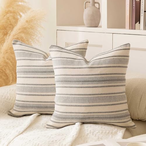 WACOMECO Pack of 2 Farmhouse Throw Pillow Covers, Textured Boho Cushion Covers for Couch Sofa Bed Home Decoration, 18x18 inch, Light Grey - color: Light Grey