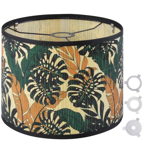 Bamboo Lamp Shade With Tropical Plants Chandelier Covers, Bohemian Farmhouse Drum Lamp Shade for Table Lamp Floor Lamp, Rustic Rattan Light Fixture for Bedroom Living Room (11.8x11.8x9 inch) - color: color1, size: 11.8*9