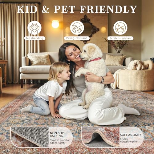 8x10 Area Rugs for Living Room - Washable Vintage Retro Large Rug, Soft Ultra Thin Non Slip Low Pile Traditional Distressed Boho Carpet for Bedroom Dining Room Home Office, Rust Clay - color: A-rust Clay, size: 8x10