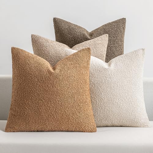 MIULEE Pack of 4 Decorative Textured Boucle Throw Pillow Covers 18x18 Inch Neutral Brown Accent Solid Pillow Cases Couch Cushion Covers for Modern Farmhouse Boho Chair Sofa Bed Room Home Decor - color: Neutral Brown, size: 18" x 18" (Pack of 4)