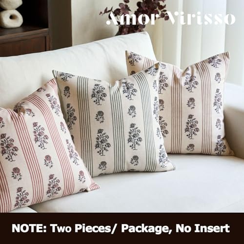 Amor Virisso Floral Throw Pillow Covers 18x18 Set of 2 Block Print Pillow Covers Neutral Floral Striped Farmhouse Decorative Pillow Covers for Sofa Couch Bed, Dusty Green - color: Dusty Green, size: 18" x 18" (Pack of 2)