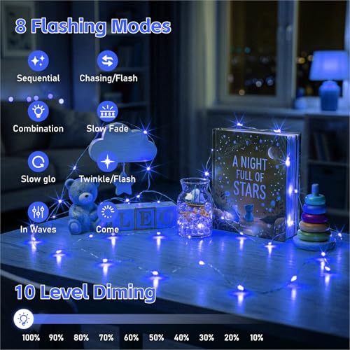 8 Pack Rechargeable LED Fairy Lights 7Ft 20LED Battery Operated with Remote, DIY Timer & 8 Modes, Mini Twinkle String Lights for Indoor Christmas Wedding Mason Jar Bedroom Party Table (Blue) - color: Blue