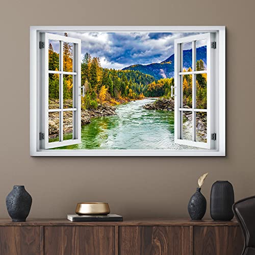 wall26 Canvas Print Wall Art Window View Autumn Forest River Stream Mountains Wilderness Nature Photography Realism Scenic Landscape Colorful Multicolor for Living Room, Bedroom, Office - 12"x18" - color: A40-2204-win20, size: 18"L x 12"W