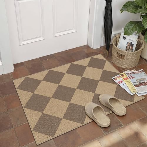 PureCozy 2x3 Checkered Easy Jute Kitchen Front Doormat Non Slip Washable Neutral Area Rug Diamond Non Shedding Low Pile Brown Checkerboard Floor Carpet for Farmhouse Entryway Porch Doorway - color: Brown|checkerboard-1, size: 2' x 3' (Rectangular)