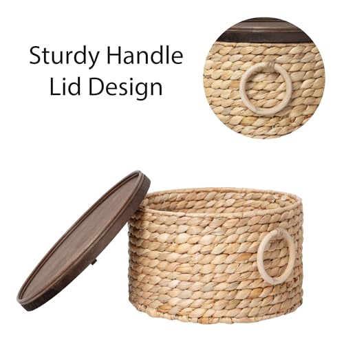 Water Hyacinth Storage Basket with Wooden Lid & Handles, 12.0" D x 6.7" H Handwoven Round Basket for Living room,Bathroom - Decorative Organizer for Home (Large) - size: Large