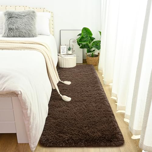 DweIke Fluffy Brown Runner Rugs for Bedroom, 2x6 Feet Soft Plush Long Runners for Girls Boys Kids, Non-Slip and Machine Washable Bedside Rug, Small Throw Carpet for Hallway Rooms Decor - color: Brown, size: 2 Ft X 6 Ft