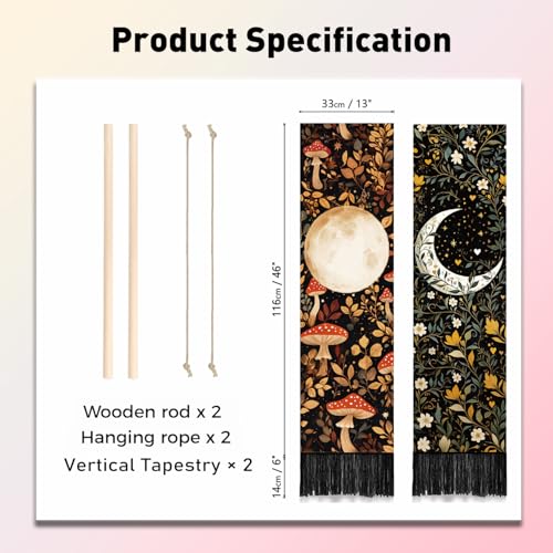 PLIGREAT 2 Pack Moon Tapestry Mushroom and Botanical Tapestry with Tassels Vertical Bohemian Wall Hanging Aesthetic Floral Wall Tapestries for Bedroom Living Room Dorm Room Narrow Home Decor - color: Yellow and Green