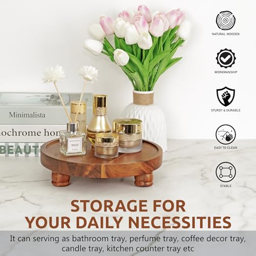 Demigo 10" Acacia Wood Round Tray - Decorative Plant Stand, Farmhouse Countertop Organizer, Multi-Purpose Display Pedestal, Riser Board for Soap, Perfume, Candles, Sponge, Bathroom, Kitchen - color: Brown