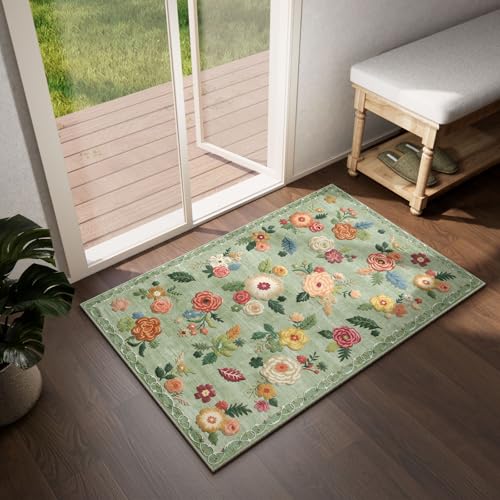 2x3 Washable Small Rugs for Entryway: Area Rug Non Slip Door Mat Indoor Entrance Low Pile Soft Faux Wool Non Shedding Lightweight Distressed Throw Rugs for Front Door Bedroom Bathroom Kitchen Entry - color: Green Floral, size: 2' x 3' (Rectangular)