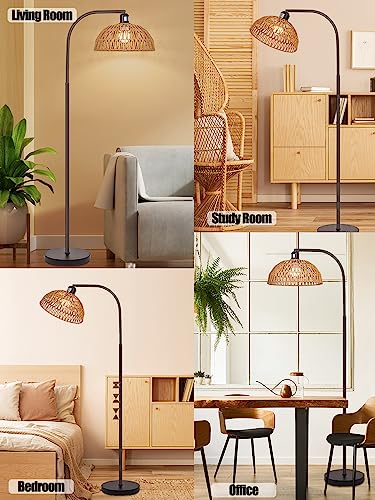 Brilvibera Boho Floor Lamp with Remote – Bronze Tall Lamp with Stepless Dimmable Bulb and Adjustable Rattan Shade for Living Room, Bedroom, Office - style: Bronze Rattan Standing Floor Lamp